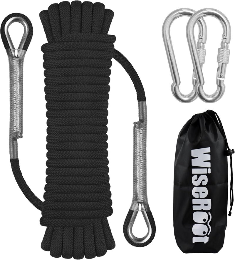 WiseRoot 8mm Static Climbing Rope: Heavy Duty Outdoor Rock Climbing Rope for Arborist Tree Work, Rescue, Camping & Hiking, (10m/32ft, 20m/64ft, 30m/96ft) Orange/Black (Black, 32 Feet) - Image 1